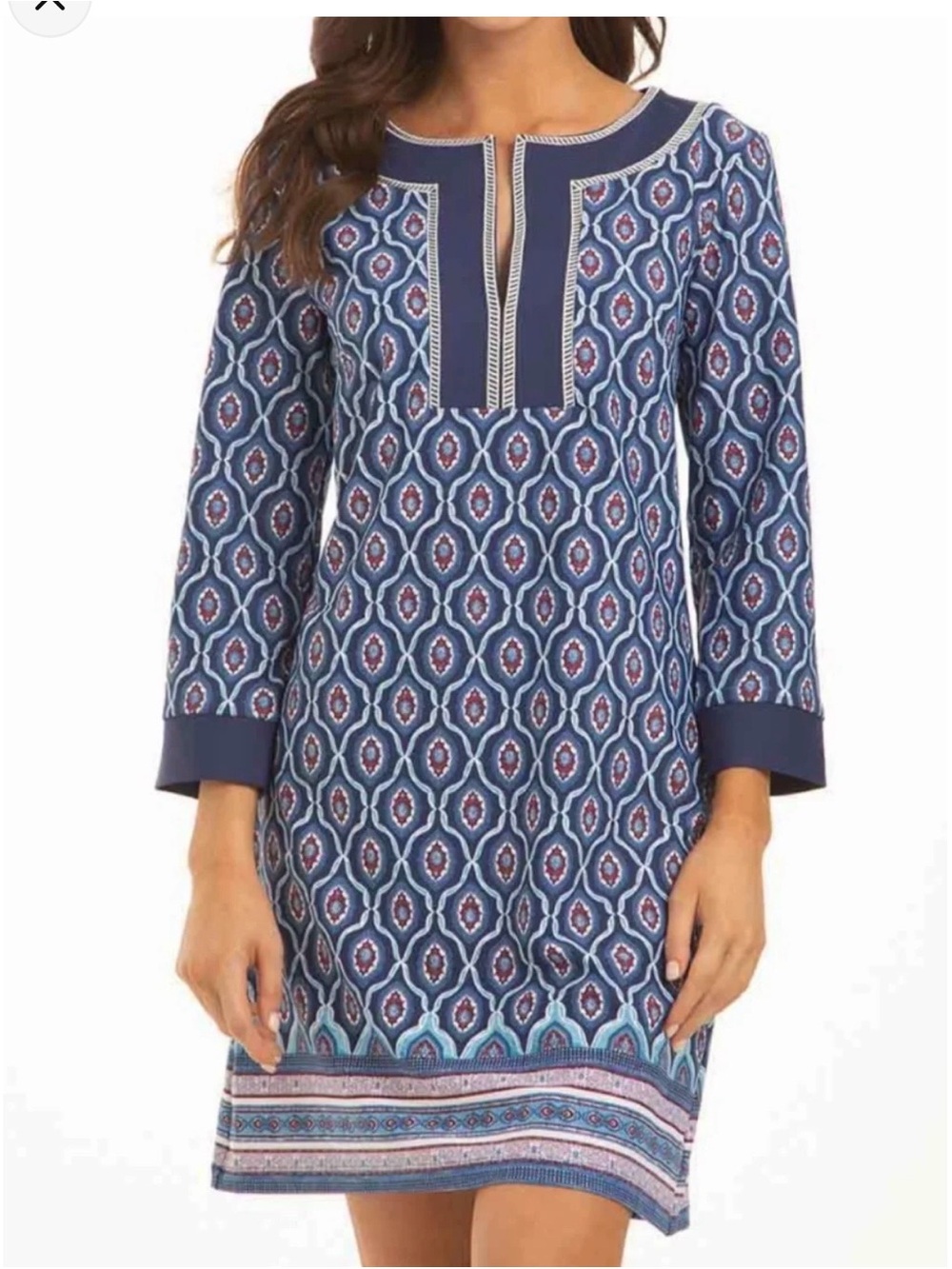 Cabana Blue Geometric Print Shift Dress Long Sleeve Size Small